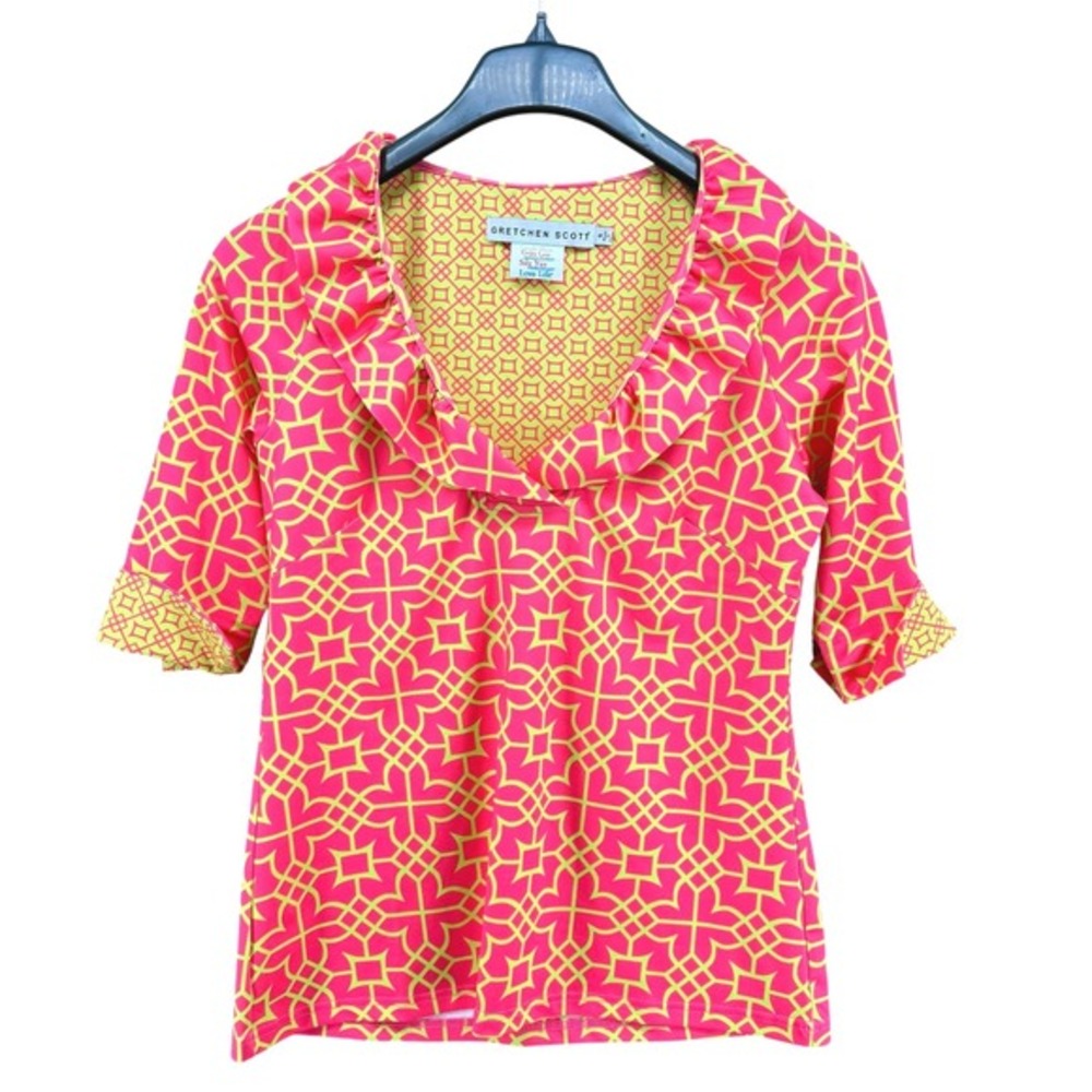 Gretchen Scott Ruffle Neck Top Womens Small Pre-Owned Geometric Trellis Elbow